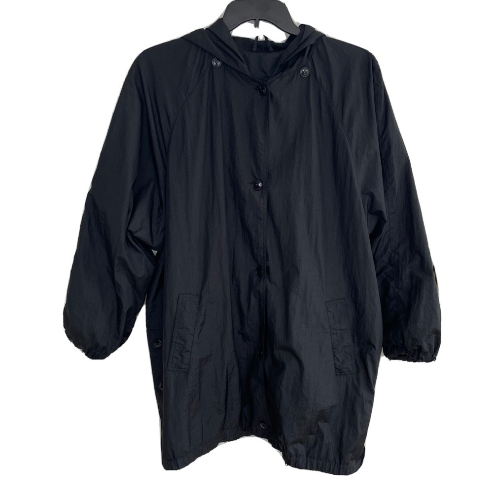 Vintage Norm Thompson Windbreaker Nylon Rain Jacket M Black Button Up Hood Lined